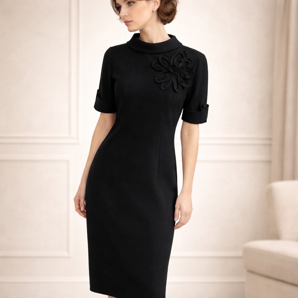 Amelia Toro Couture Wool Midi Dress 3D Floral Appliqué Sculpted Minimalist US 8